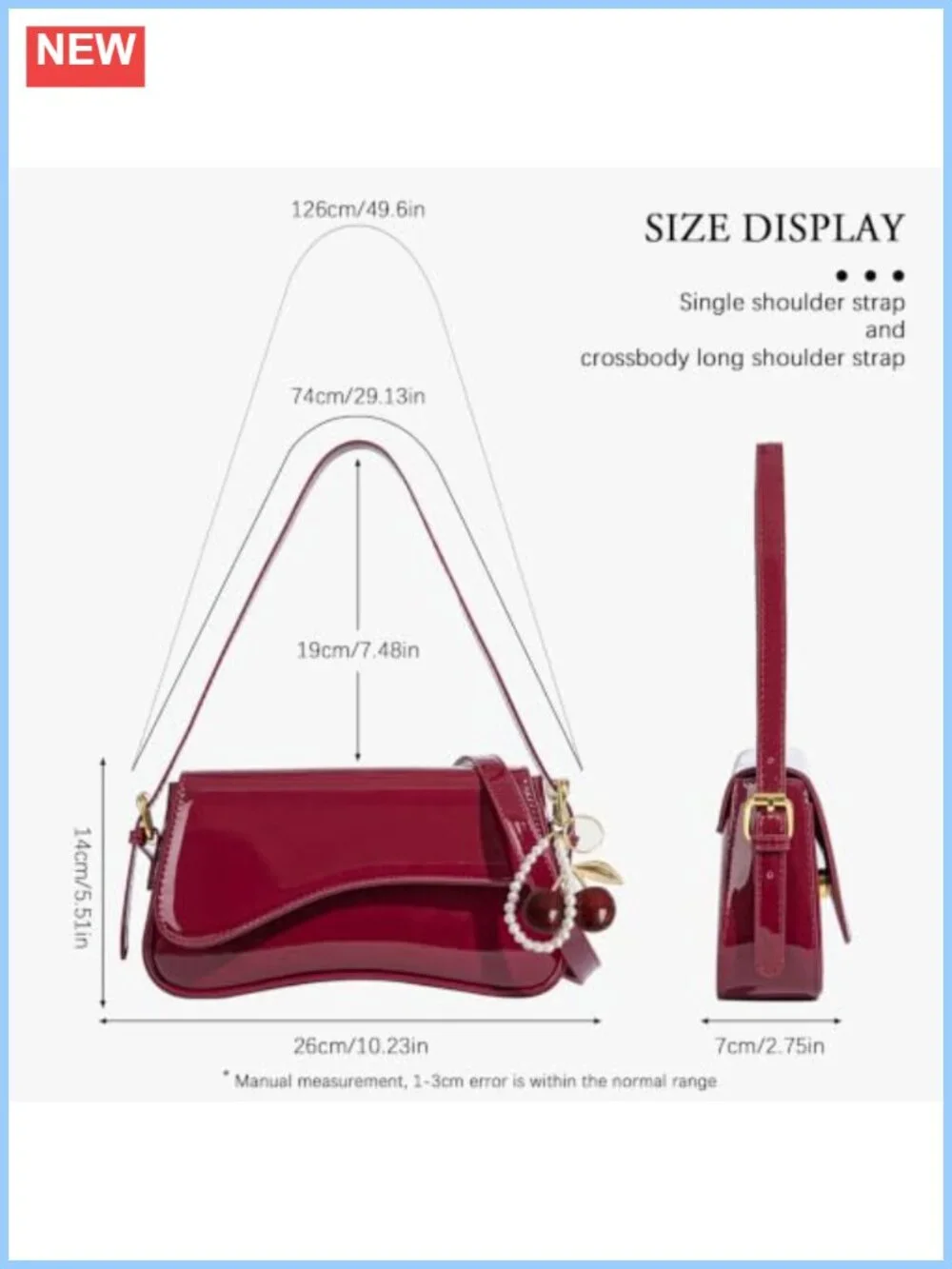 Hobo Shoulder Bag with Cherry Pendant PU Leather 3-Way Crossbody Purse